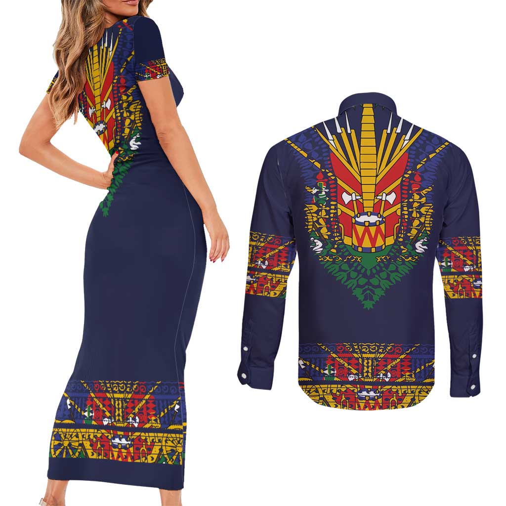 Haiti Flag Traditional Dashiki Couples Matching Short Sleeve Bodycon Dress and Long Sleeve Button Shirt Black Color