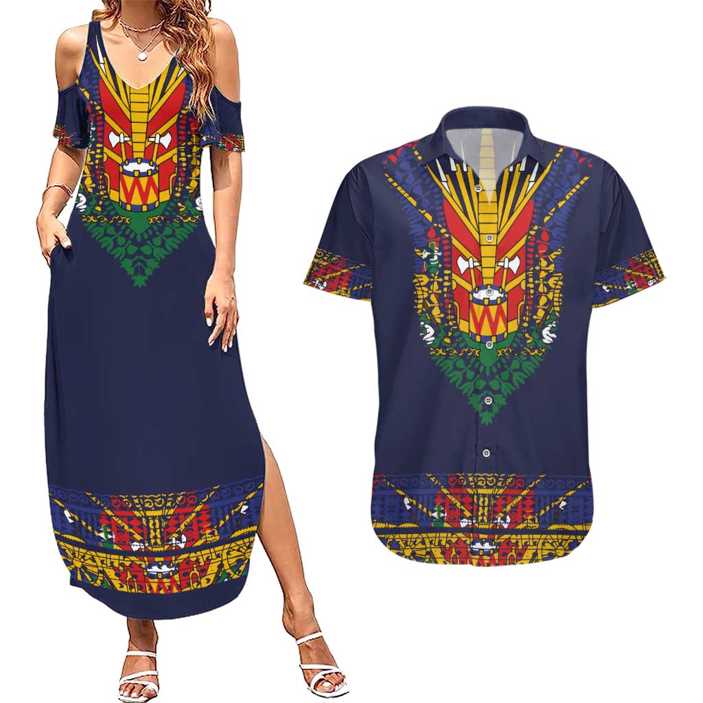 Haiti Flag Traditional Dashiki Couples Matching Summer Maxi Dress and Hawaiian Shirt Black Color