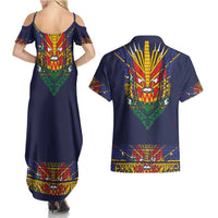 Haiti Flag Traditional Dashiki Couples Matching Summer Maxi Dress and Hawaiian Shirt Black Color