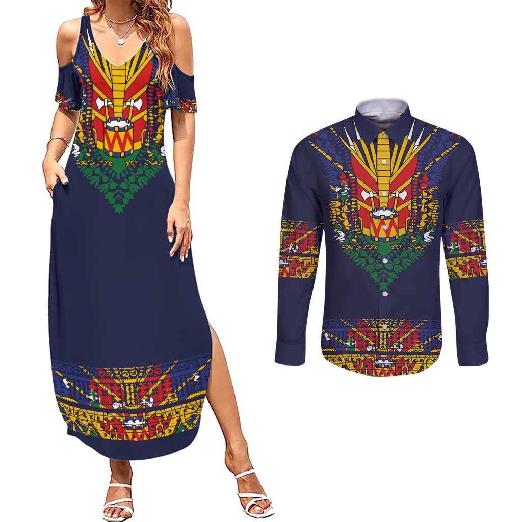 Haiti Flag Traditional Dashiki Couples Matching Summer Maxi Dress and Long Sleeve Button Shirt Black Color