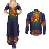 Haiti Flag Traditional Dashiki Couples Matching Summer Maxi Dress and Long Sleeve Button Shirt Black Color