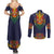 Haiti Flag Traditional Dashiki Couples Matching Summer Maxi Dress and Long Sleeve Button Shirt Black Color