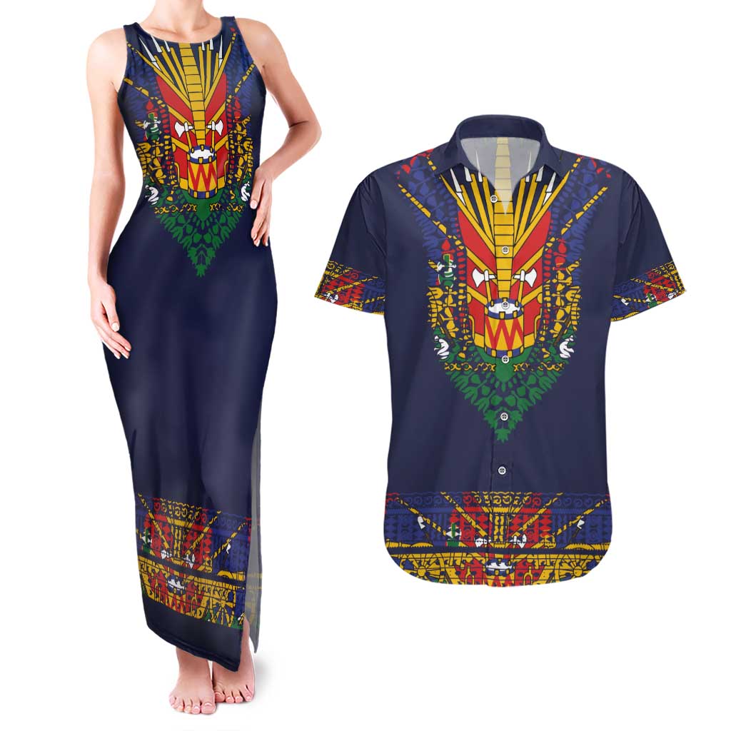 Haiti Flag Traditional Dashiki Couples Matching Tank Maxi Dress and Hawaiian Shirt Black Color