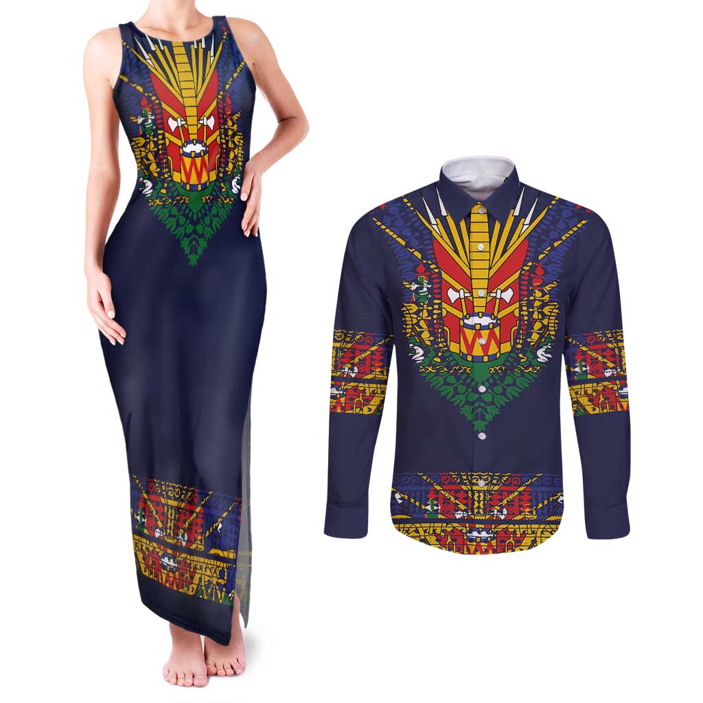 Haiti Flag Traditional Dashiki Couples Matching Tank Maxi Dress and Long Sleeve Button Shirt Black Color