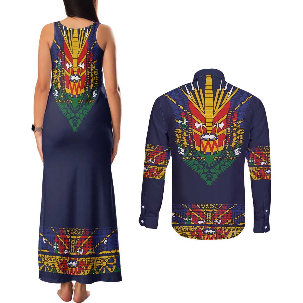 Haiti Flag Traditional Dashiki Couples Matching Tank Maxi Dress and Long Sleeve Button Shirt Black Color