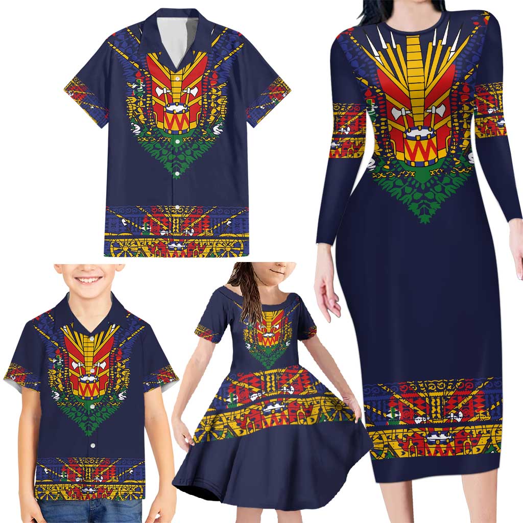 Haiti Flag Traditional Dashiki Family Matching Long Sleeve Bodycon Dress and Hawaiian Shirt Black Color