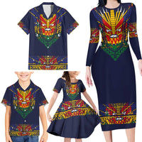 Haiti Flag Traditional Dashiki Family Matching Long Sleeve Bodycon Dress and Hawaiian Shirt Black Color