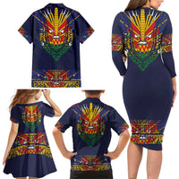 Haiti Flag Traditional Dashiki Family Matching Long Sleeve Bodycon Dress and Hawaiian Shirt Black Color