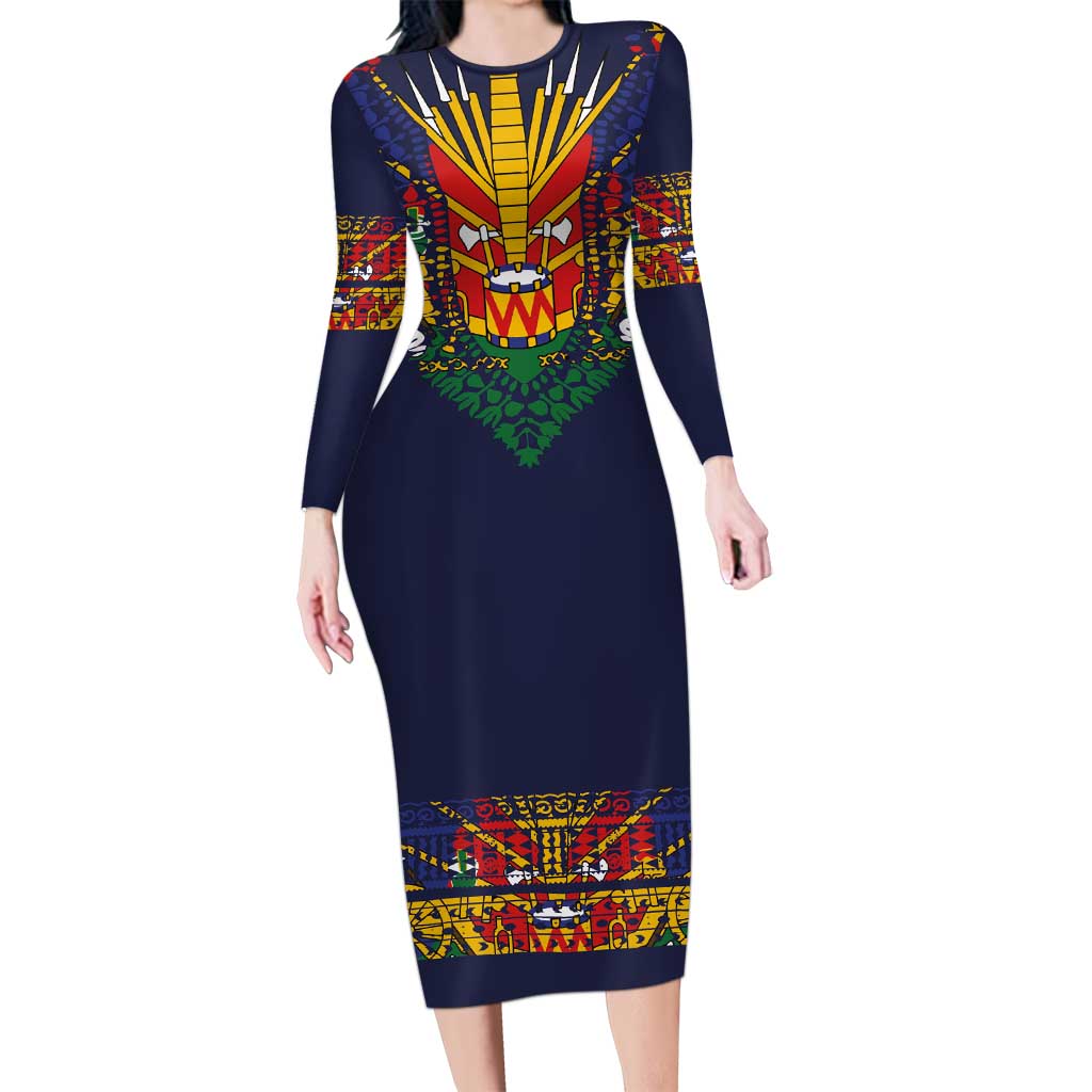 Haiti Flag Traditional Dashiki Family Matching Long Sleeve Bodycon Dress and Hawaiian Shirt Black Color