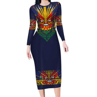 Haiti Flag Traditional Dashiki Family Matching Long Sleeve Bodycon Dress and Hawaiian Shirt Black Color