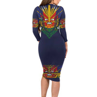 Haiti Flag Traditional Dashiki Family Matching Long Sleeve Bodycon Dress and Hawaiian Shirt Black Color