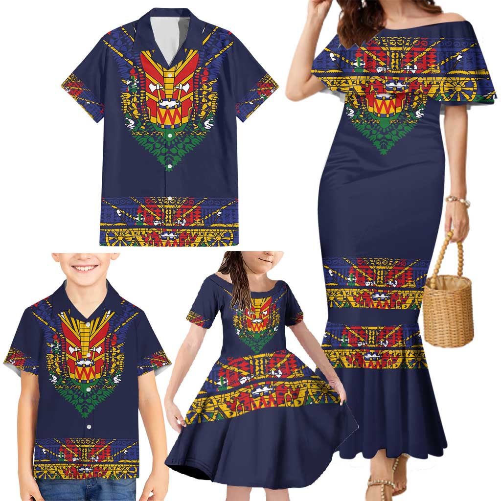 Haiti Flag Traditional Dashiki Family Matching Mermaid Dress and Hawaiian Shirt Black Color