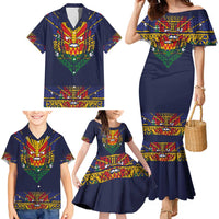 Haiti Flag Traditional Dashiki Family Matching Mermaid Dress and Hawaiian Shirt Black Color