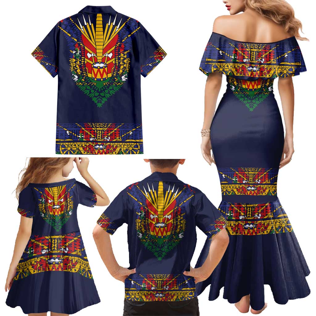 Haiti Flag Traditional Dashiki Family Matching Mermaid Dress and Hawaiian Shirt Black Color