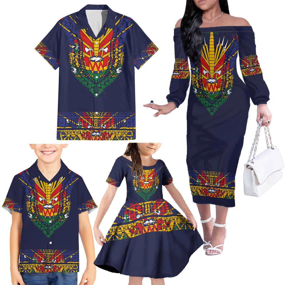 Haiti Flag Traditional Dashiki Family Matching Off The Shoulder Long Sleeve Dress and Hawaiian Shirt Black Color