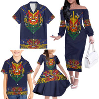 Haiti Flag Traditional Dashiki Family Matching Off The Shoulder Long Sleeve Dress and Hawaiian Shirt Black Color