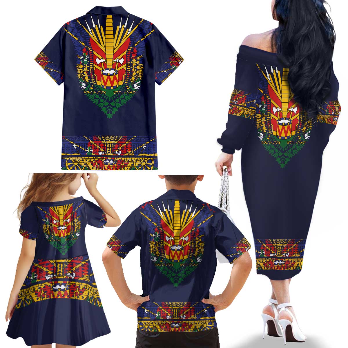 Haiti Flag Traditional Dashiki Family Matching Off The Shoulder Long Sleeve Dress and Hawaiian Shirt Black Color