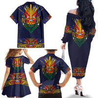 Haiti Flag Traditional Dashiki Family Matching Off The Shoulder Long Sleeve Dress and Hawaiian Shirt Black Color