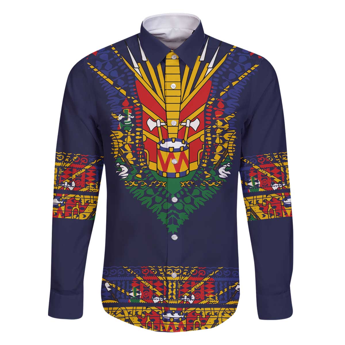 Haiti Flag Traditional Dashiki Family Matching Off The Shoulder Long Sleeve Dress and Hawaiian Shirt Black Color