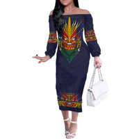 Haiti Flag Traditional Dashiki Family Matching Off The Shoulder Long Sleeve Dress and Hawaiian Shirt Black Color