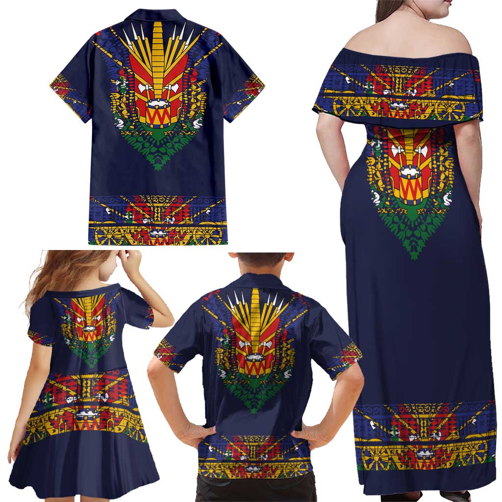 Haiti Flag Traditional Dashiki Family Matching Off Shoulder Maxi Dress and Hawaiian Shirt Black Color
