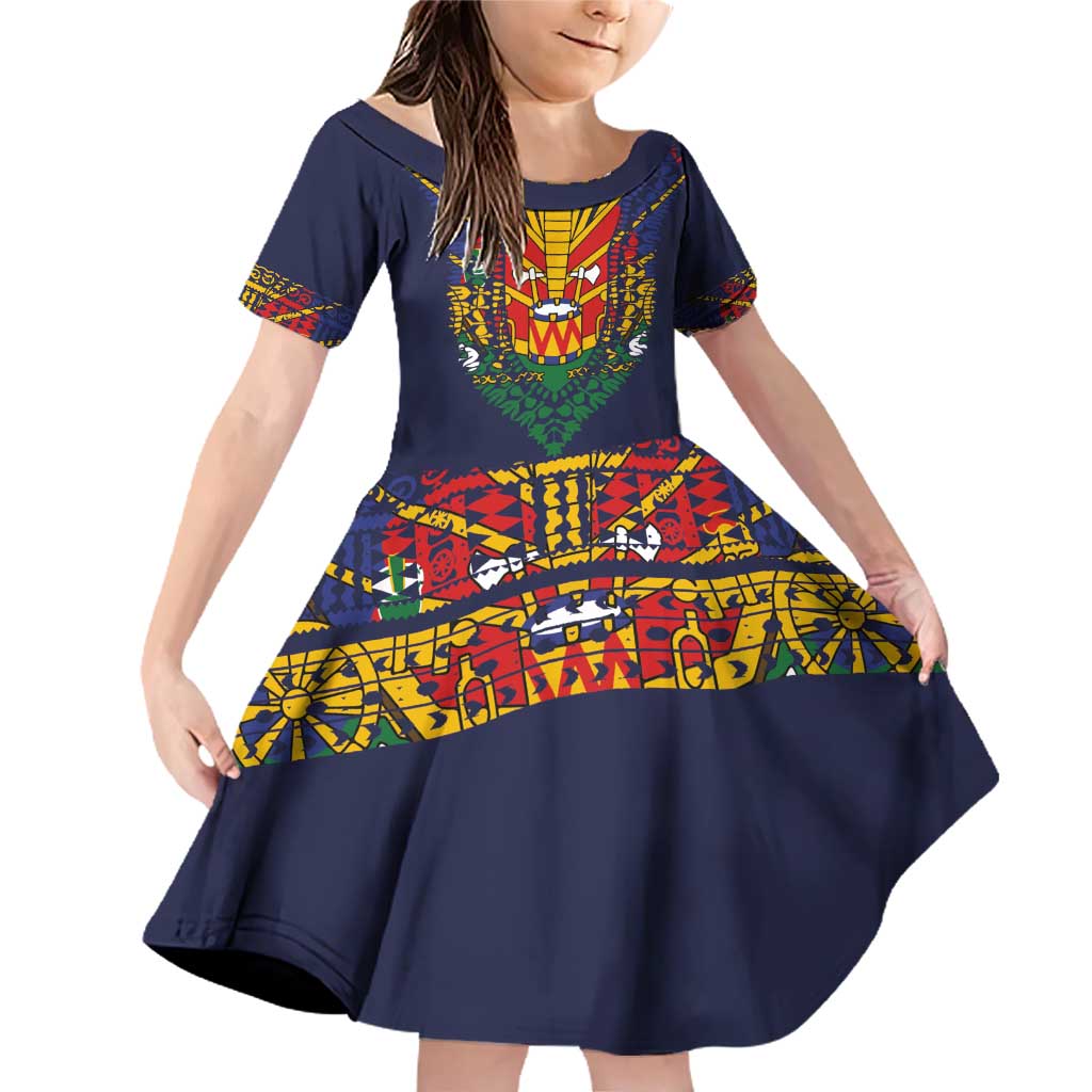 Haiti Flag Traditional Dashiki Family Matching Off Shoulder Short Dress and Hawaiian Shirt Black Color