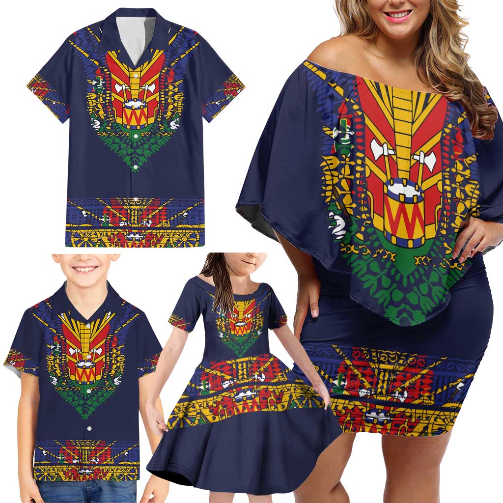 Haiti Flag Traditional Dashiki Family Matching Off Shoulder Short Dress and Hawaiian Shirt Black Color