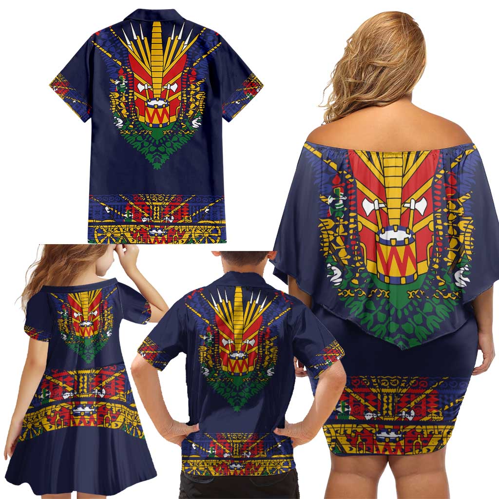 Haiti Flag Traditional Dashiki Family Matching Off Shoulder Short Dress and Hawaiian Shirt Black Color
