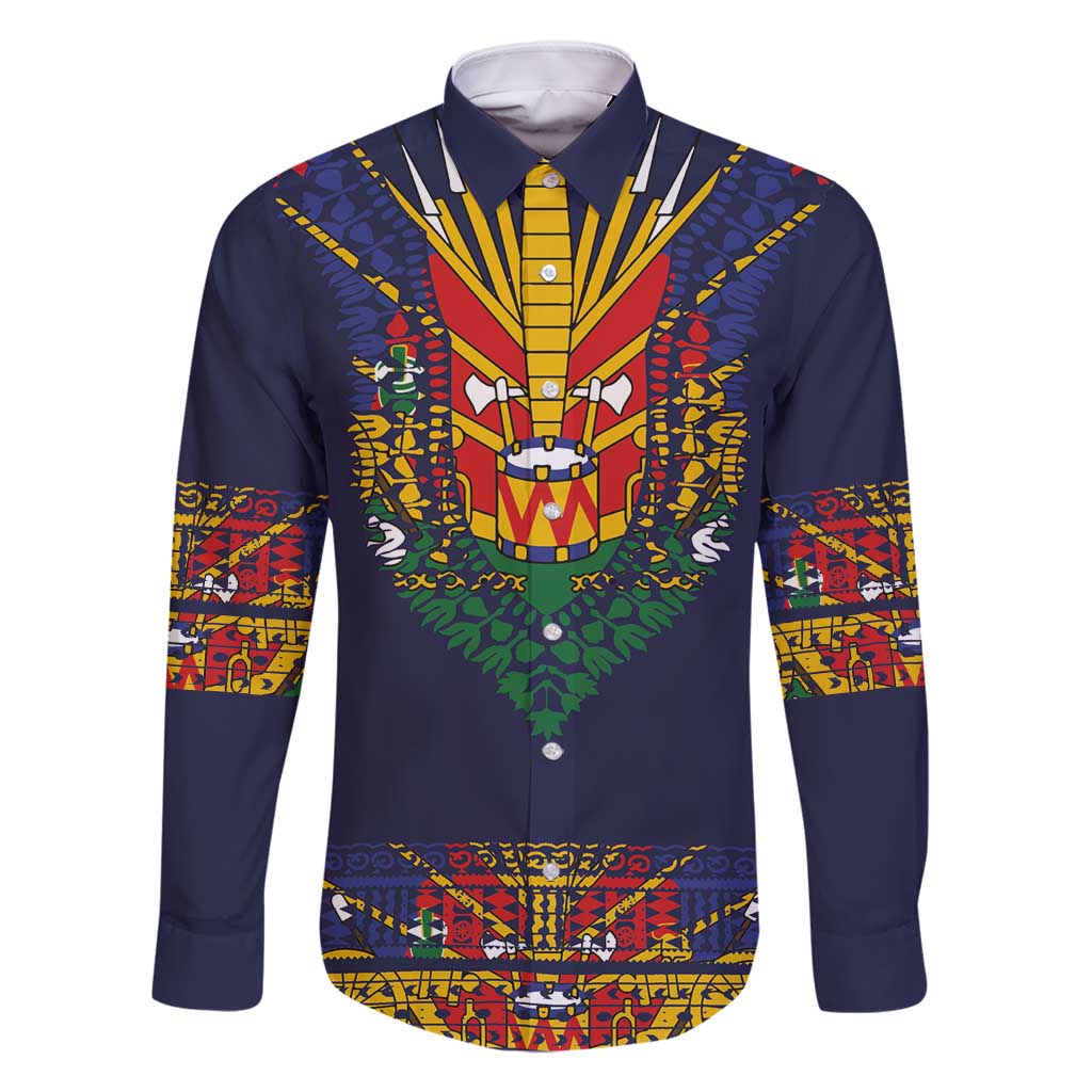 Haiti Flag Traditional Dashiki Family Matching Off Shoulder Short Dress and Hawaiian Shirt Black Color