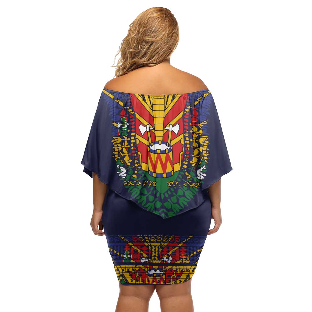 Haiti Flag Traditional Dashiki Family Matching Off Shoulder Short Dress and Hawaiian Shirt Black Color