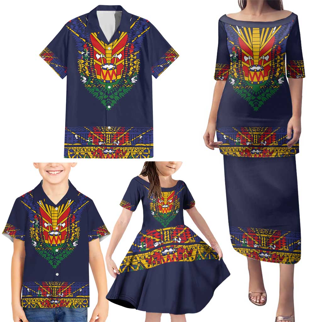 Haiti Flag Traditional Dashiki Family Matching Puletasi and Hawaiian Shirt Black Color