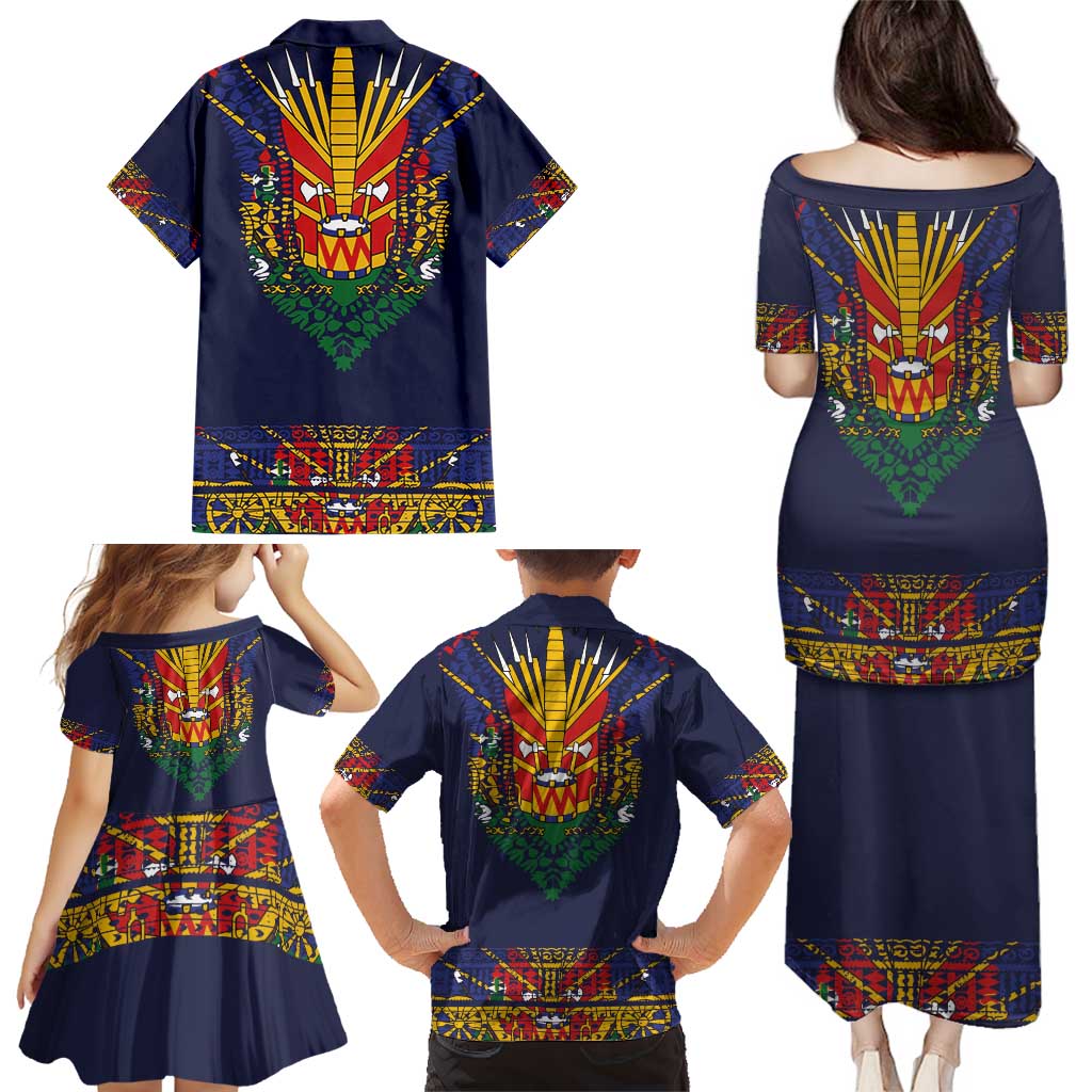 Haiti Flag Traditional Dashiki Family Matching Puletasi and Hawaiian Shirt Black Color
