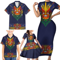 Haiti Flag Traditional Dashiki Family Matching Short Sleeve Bodycon Dress and Hawaiian Shirt Black Color