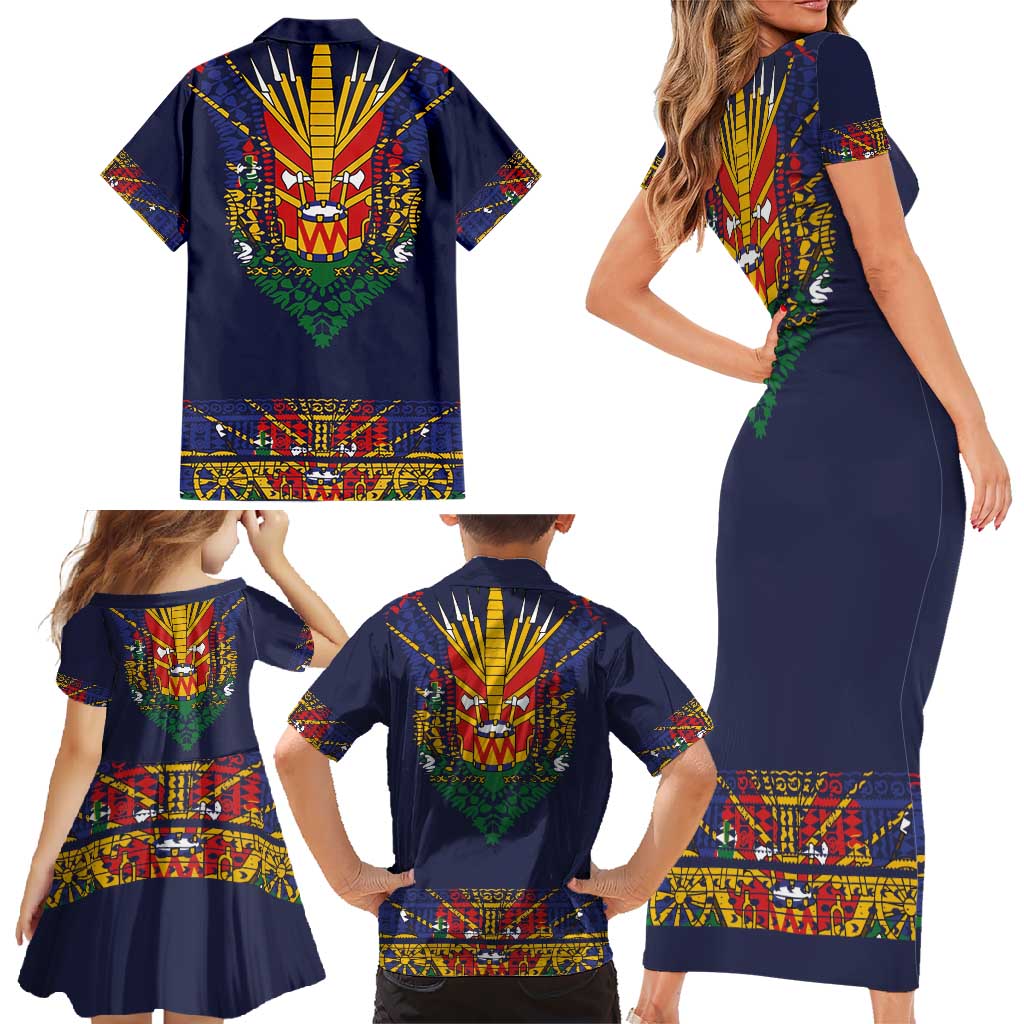 Haiti Flag Traditional Dashiki Family Matching Short Sleeve Bodycon Dress and Hawaiian Shirt Black Color
