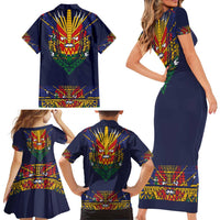 Haiti Flag Traditional Dashiki Family Matching Short Sleeve Bodycon Dress and Hawaiian Shirt Black Color