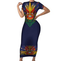 Haiti Flag Traditional Dashiki Family Matching Short Sleeve Bodycon Dress and Hawaiian Shirt Black Color