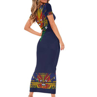Haiti Flag Traditional Dashiki Family Matching Short Sleeve Bodycon Dress and Hawaiian Shirt Black Color
