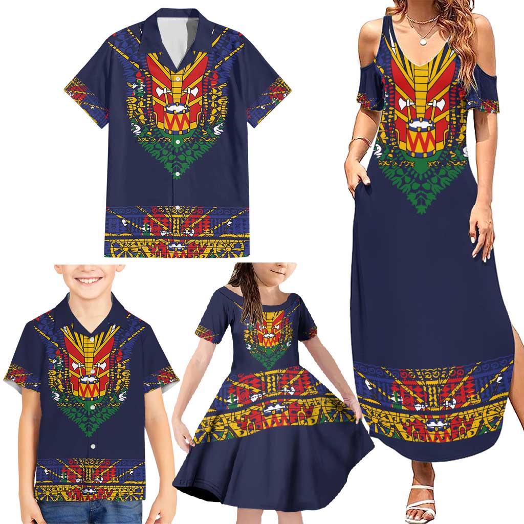 Haiti Flag Traditional Dashiki Family Matching Summer Maxi Dress and Hawaiian Shirt Black Color
