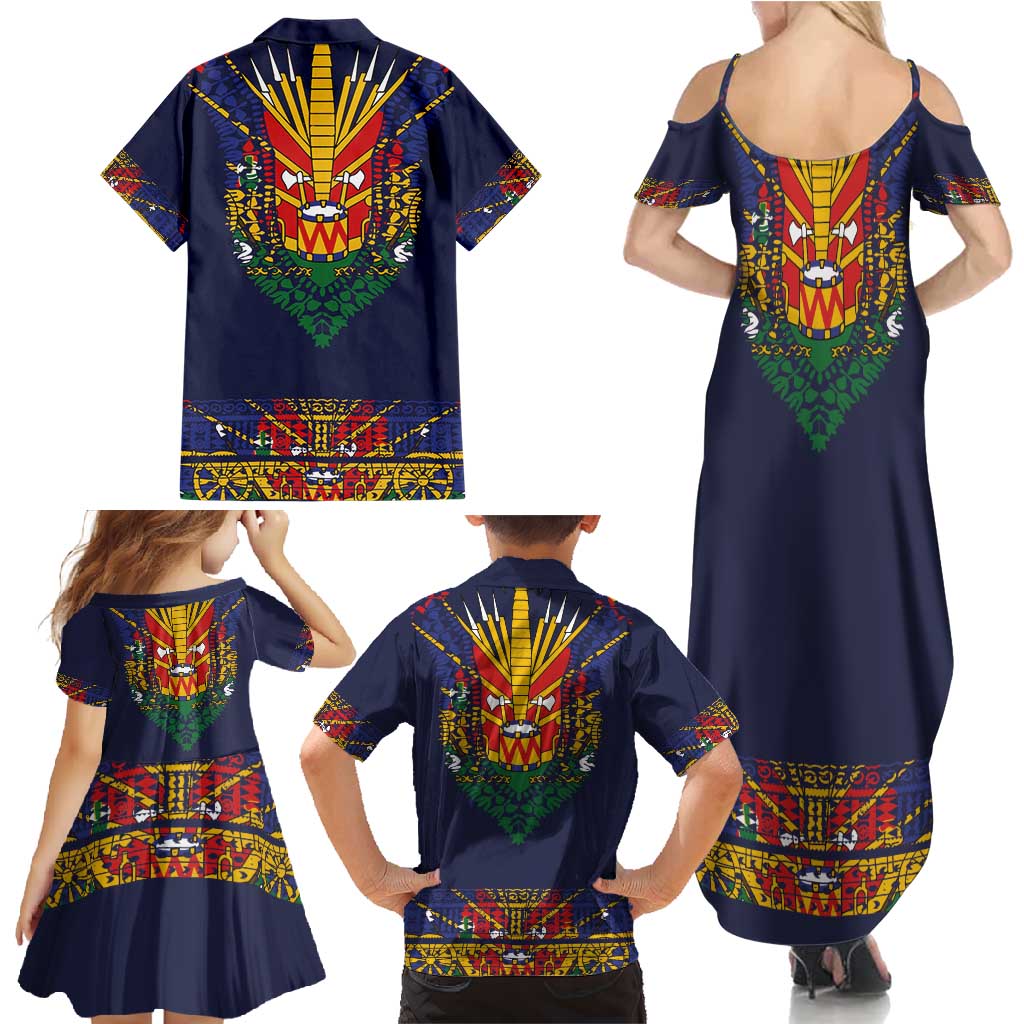 Haiti Flag Traditional Dashiki Family Matching Summer Maxi Dress and Hawaiian Shirt Black Color
