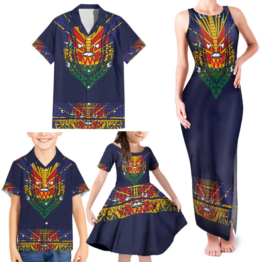 Haiti Flag Traditional Dashiki Family Matching Tank Maxi Dress and Hawaiian Shirt Black Color