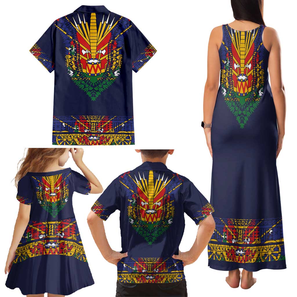 Haiti Flag Traditional Dashiki Family Matching Tank Maxi Dress and Hawaiian Shirt Black Color