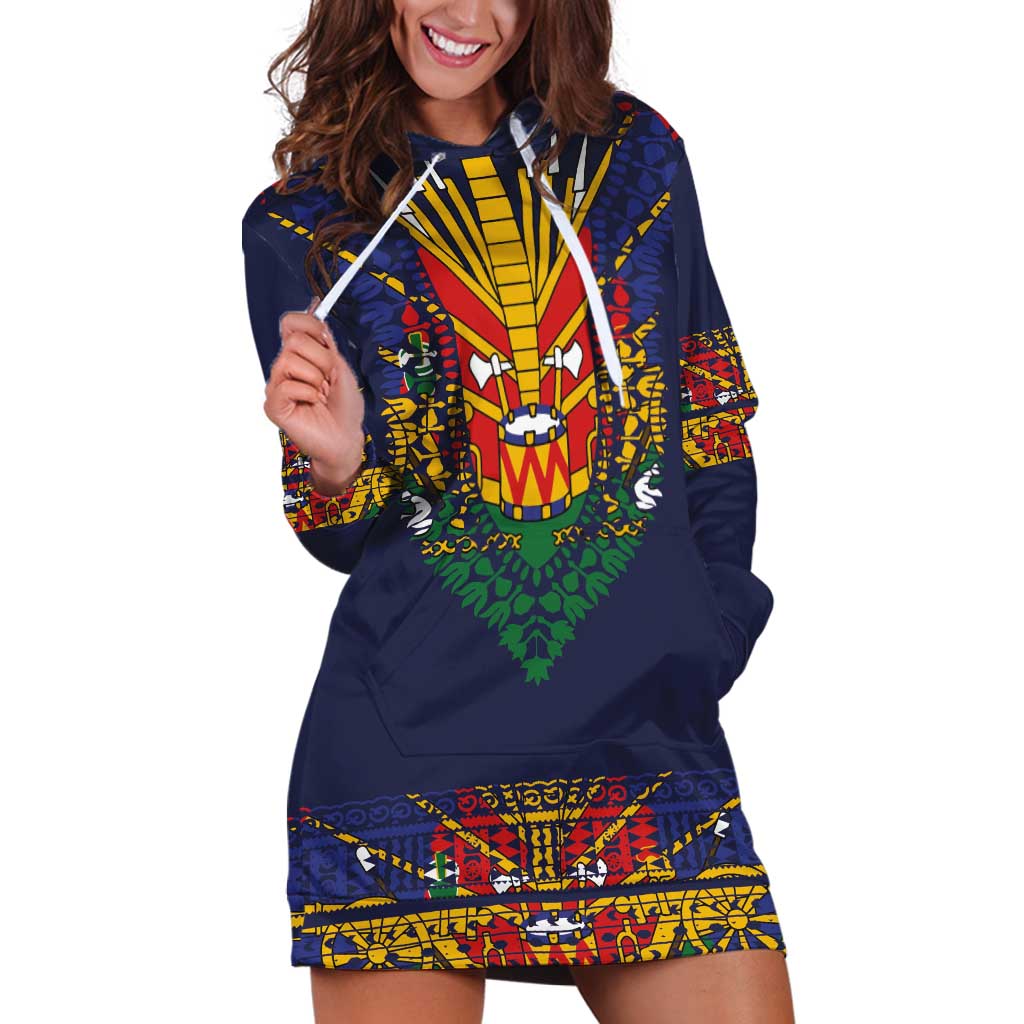 Haiti Flag Traditional Dashiki Hoodie Dress Black Color
