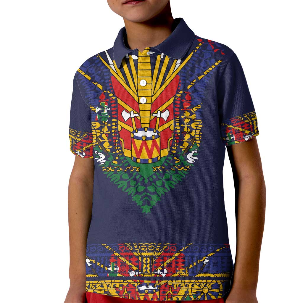 Haiti Flag Traditional Dashiki Kid Polo Shirt Black Color