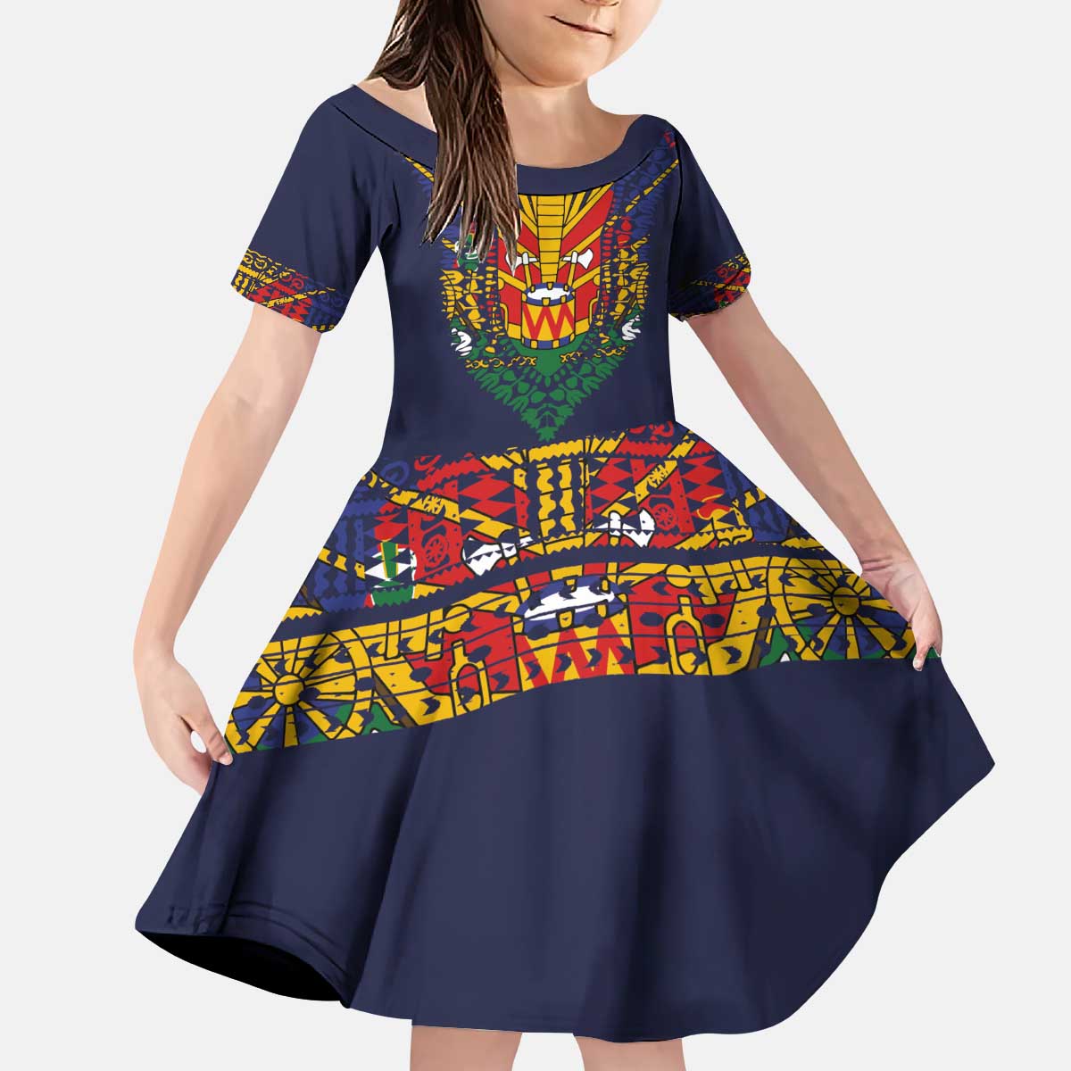 Haiti Flag Traditional Dashiki Kid Short Sleeve Dress Black Color