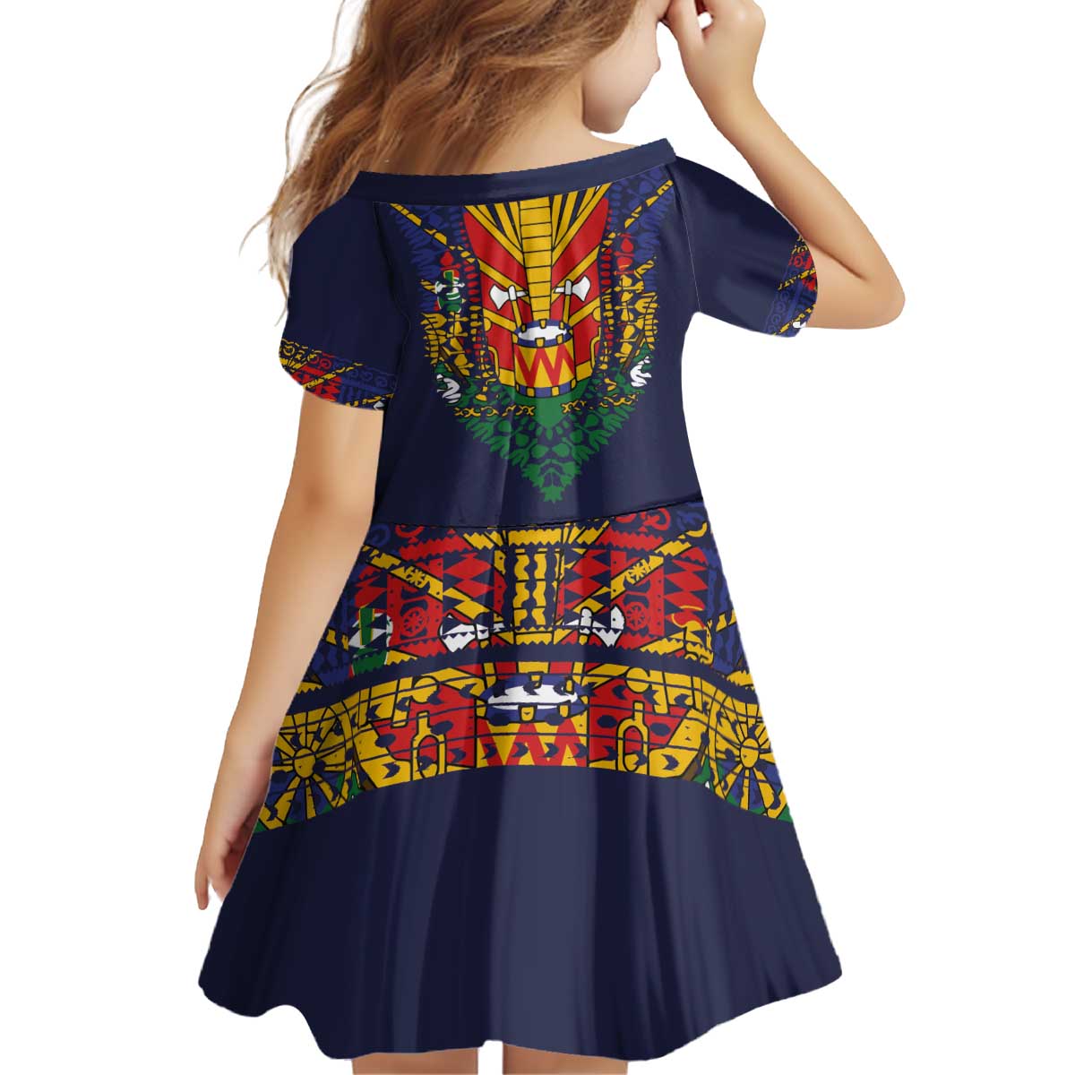 Haiti Flag Traditional Dashiki Kid Short Sleeve Dress Black Color