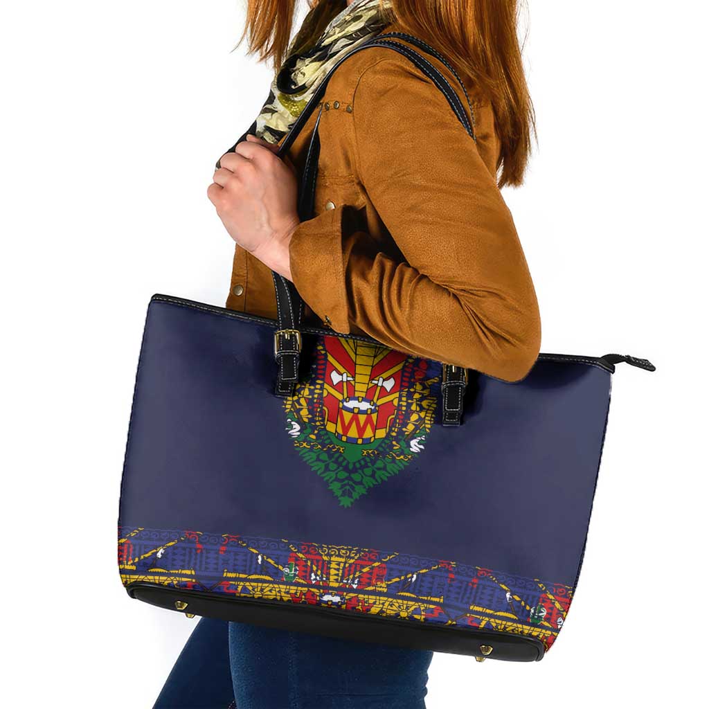 Haiti Flag Traditional Dashiki Leather Tote Bag Black Color