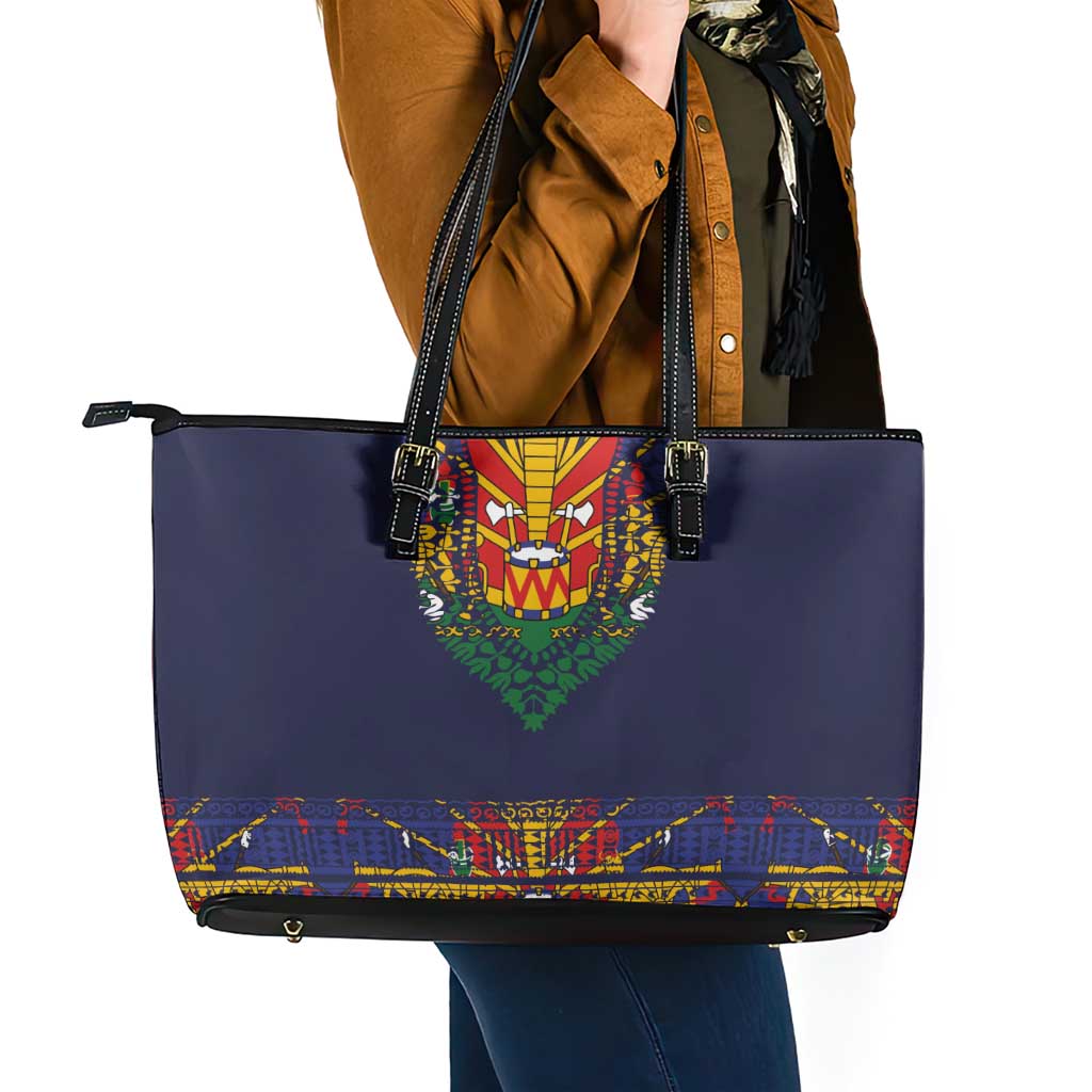 Haiti Flag Traditional Dashiki Leather Tote Bag Black Color