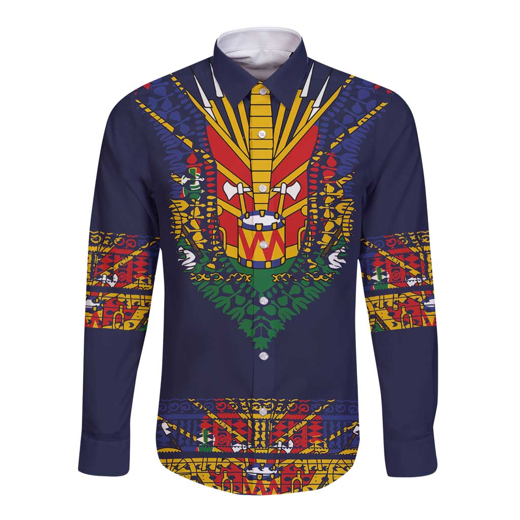 Haiti Flag Traditional Dashiki Long Sleeve Button Shirt Black Color