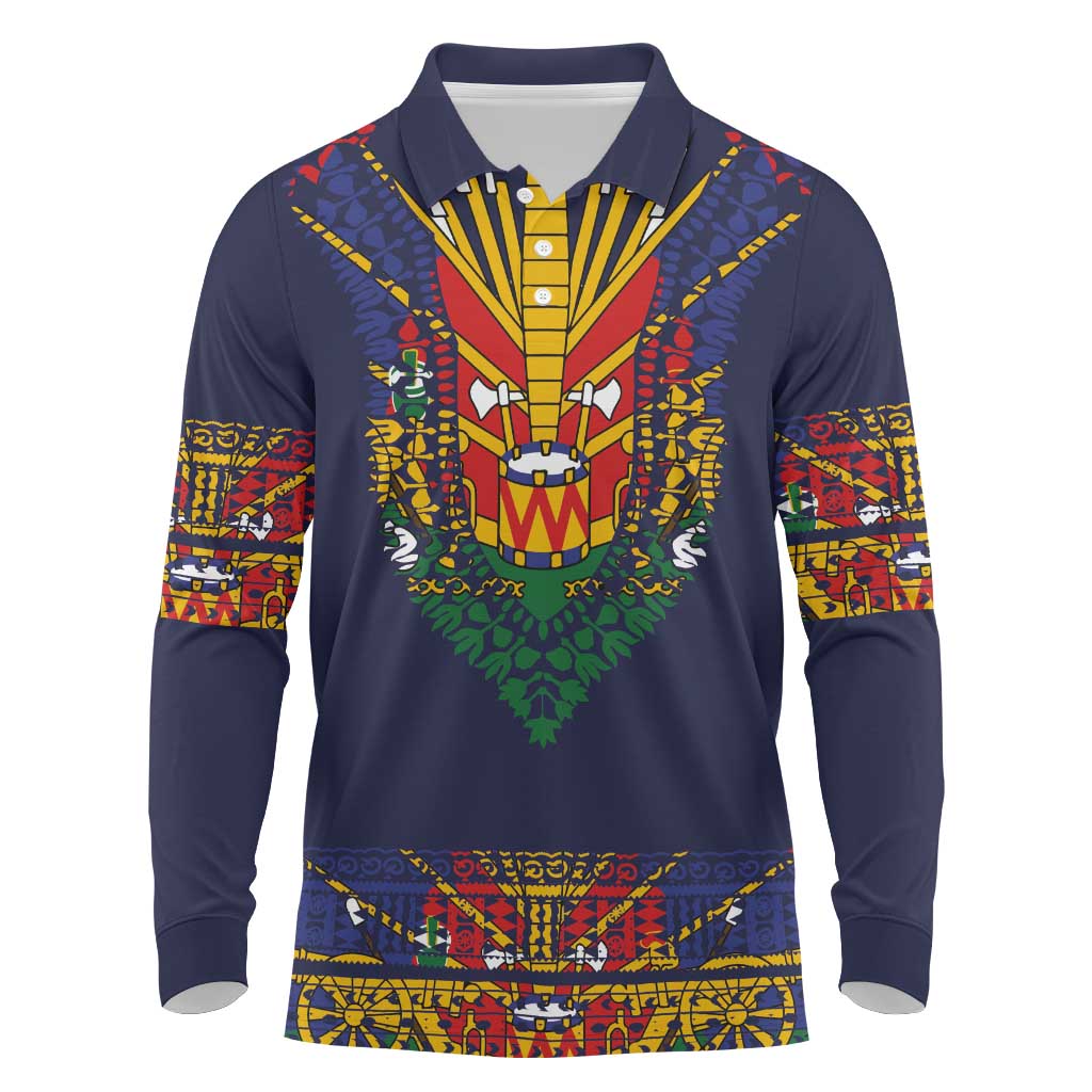 Haiti Flag Traditional Dashiki Long Sleeve Polo Shirt Black Color