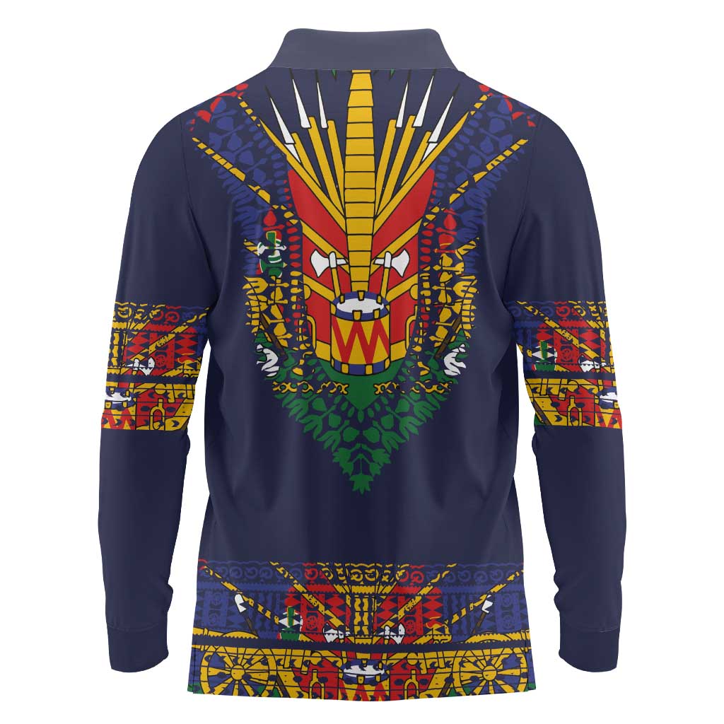 Haiti Flag Traditional Dashiki Long Sleeve Polo Shirt Black Color